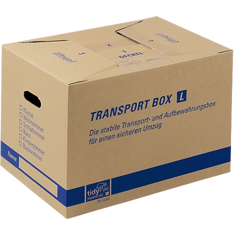 A brown moving box with blue print. Inscription: "TRANSPORT BOX L".