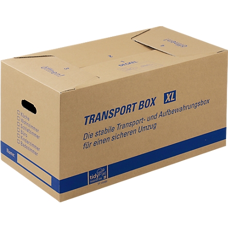 Brown moving box with blue stripes and text. The box says "TRANSPORT BOX XL" and "The stable transport and storage box".