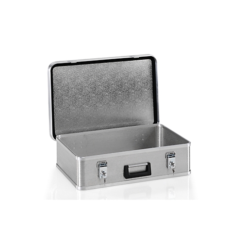 Open, silver aluminum case with black handle and lock.