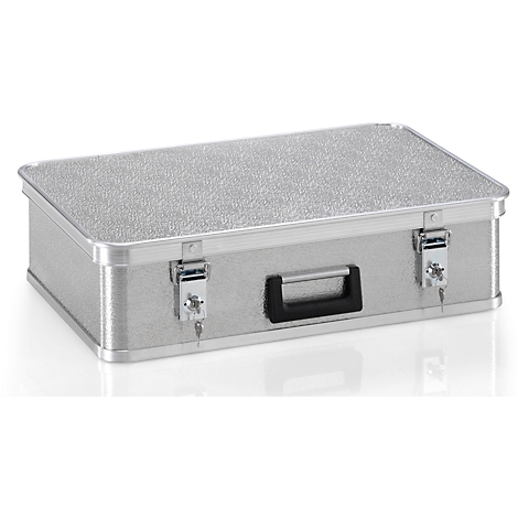Silver aluminum case with handle and two locks.