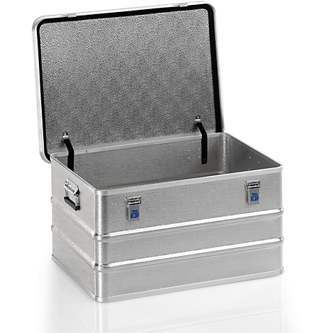 Opened silver transport box with black frame. The box has a corrugated look.