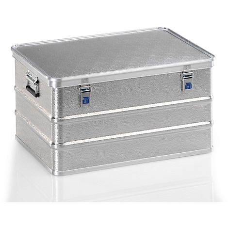 Aluminum box, rectangular, with lid and blue clasps. Silver color, robust design.
