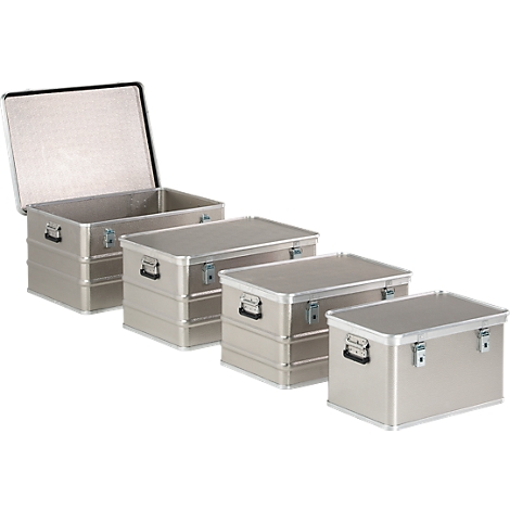 Four silver aluminum boxes, one opened. All have black handles and silver clasps.