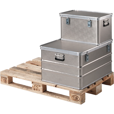 Two silver aluminium boxes stacked on a wooden pallet.