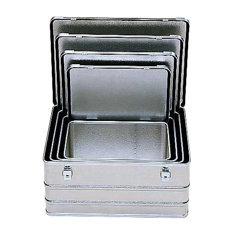 Various sized, open aluminum cases, stacked inside each other, lids with hinges.