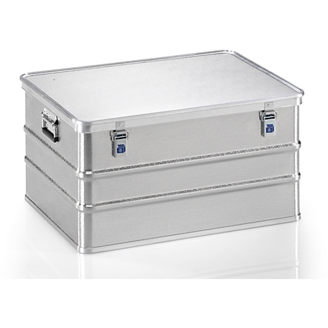 A silver aluminum box, rectangular with lid, handles, and latches.