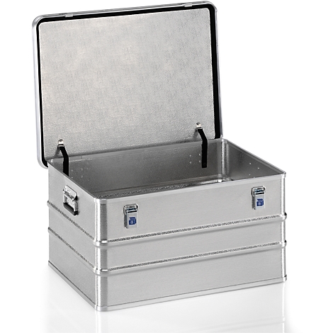 Open aluminum box with a partially open lid. Two black hinges connect the lid and the box. The closure is blue.