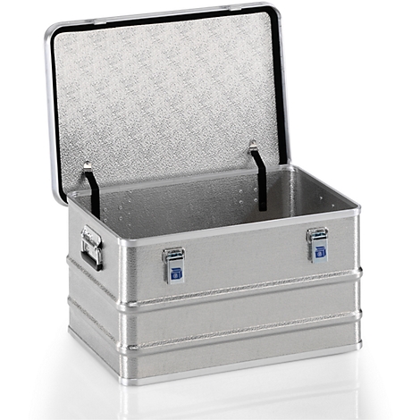 Silver metal transport box with open lid. It's insulated on the inside.