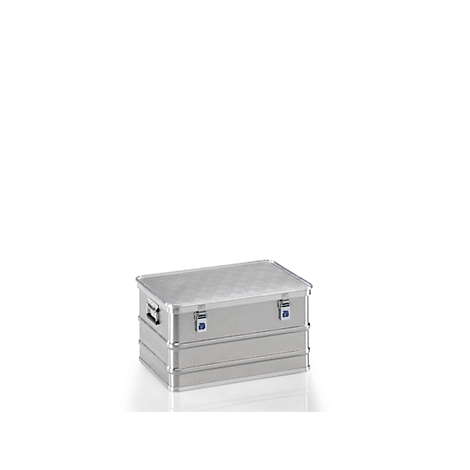 Silver aluminum box with handles and locks against a white background.