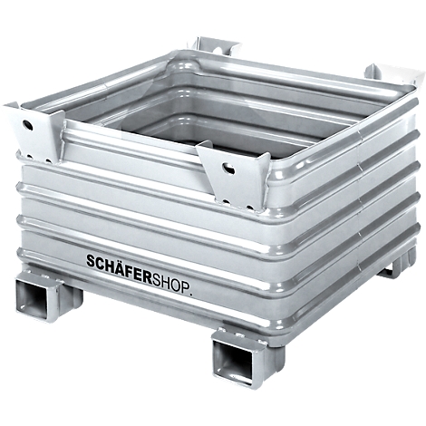 Een zilverkleurige, rechthoekige transportcontainer met de tekst "SCHÄFERSHOP". De zijkanten zijn gegolfd.
