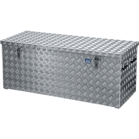 A sturdy, silver toolbox with a checkered surface, two latches and handles.