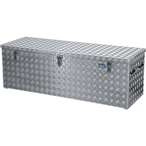 A silver, corrugated metal box with two latches and handles.