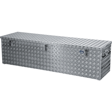 Long, silver toolbox with diamond plate surface, closed. Two latches, carrying handles.