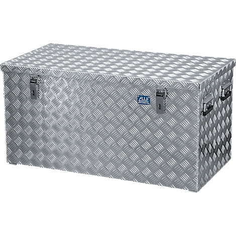 A silver tool box with a checker plate pattern and two clasps.
