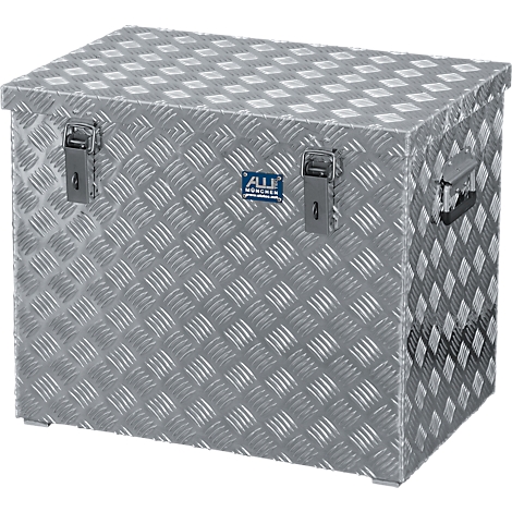 Silver tool box with diamond plate look. It has a lid, latches and a handle.