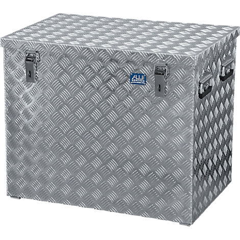 Gray, ridged aluminum box with lid and lock.