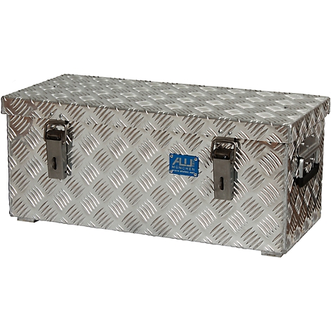 Silver toolbox with diamond plate pattern and latch. Sticker with the inscription "ALU".