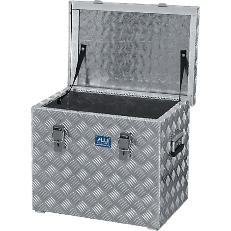 Opened aluminum box with checker plate look, two closures and handle.