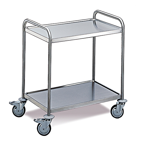 Stainless steel serving cart with two shelves and four wheels.