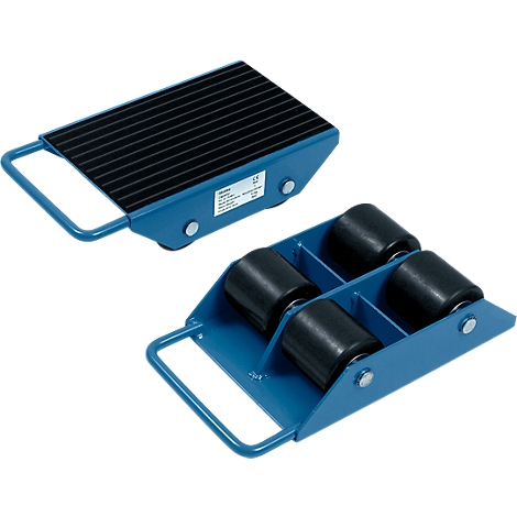 Two blue furniture skates with black top and black wheels.