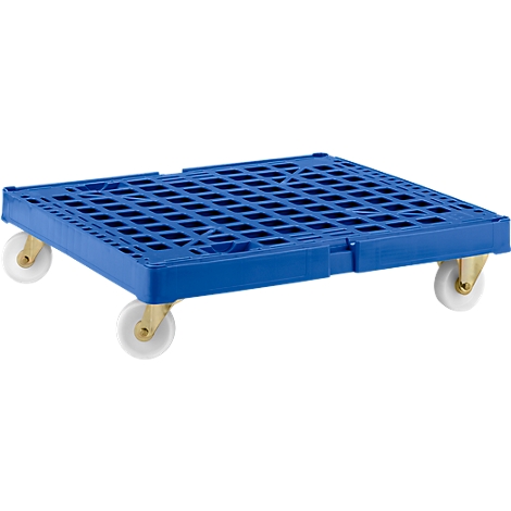 Blue cart with rollers, open mesh.