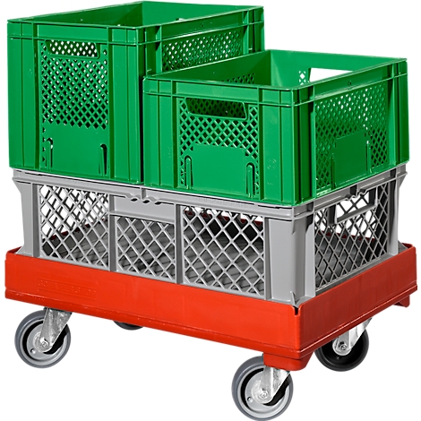 A trolley with green crates, gray base and red bottom. Four wheels.