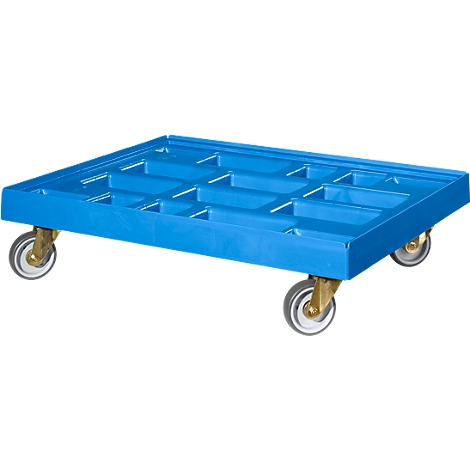 Blue cart with wheels; empty loading area with recesses.