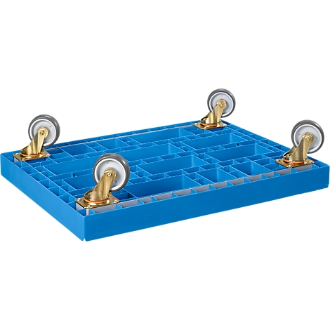 Blue plastic pallet with four mounted castors. Detailed view from below.