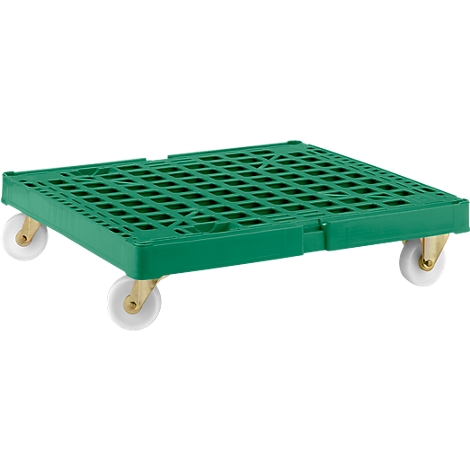 Green plastic transport trolley with wheels, top view.