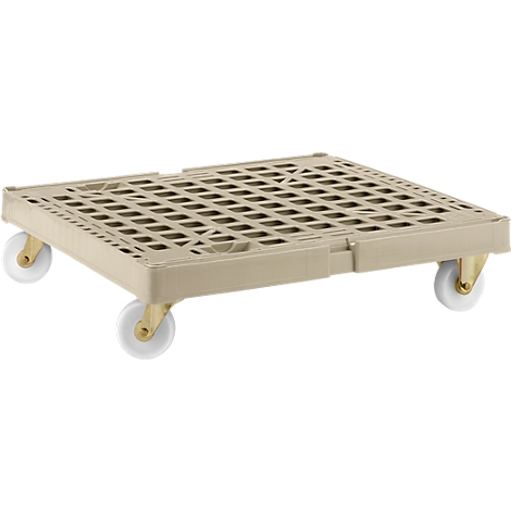 Beige plastic pallet with wheels, grid structure. The wheels are white.