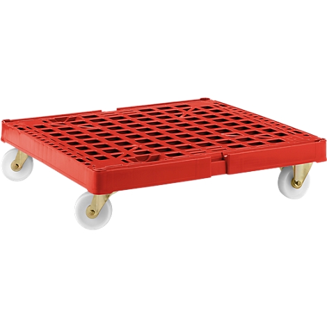 Red trolley with white wheels. Grid structure.