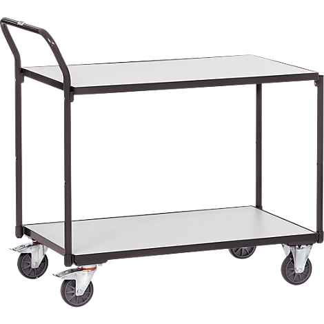 A two-tier rolling cart, black, with two shelves and four wheels.