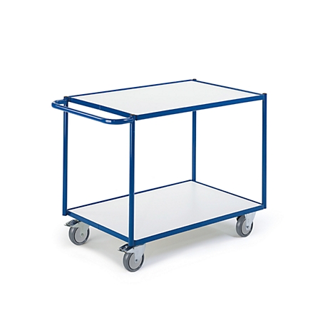 Blue serving cart with two tiers and white shelves. Wheels and handle.