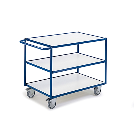 Three-tiered serving cart with white shelves and a blue frame. Metal handle and wheels.