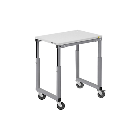 A white height-adjustable table with wheels against a white background.