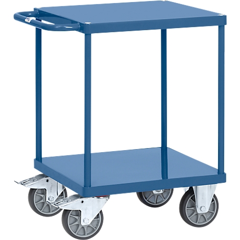 Blue workshop trolley with two shelves and four wheels.