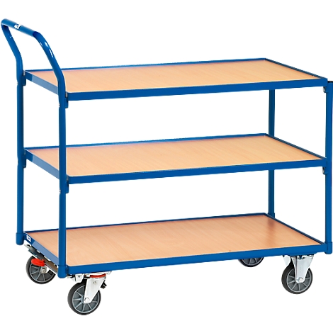 Blue rolling shelf with three wooden shelves. It has four wheels, a handle and is designed for transporting goods.