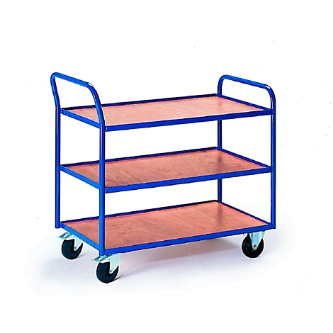 Transport cart with three levels. The frame is blue, the floors are made of wood. The cart stands on wheels.