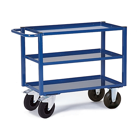 Blue serving cart with three tiers on wheels. On a white background.
