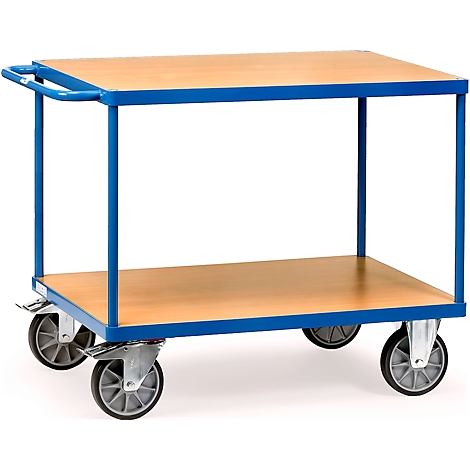 A blue serving cart with two wooden shelves. It has four wheels and a handle.