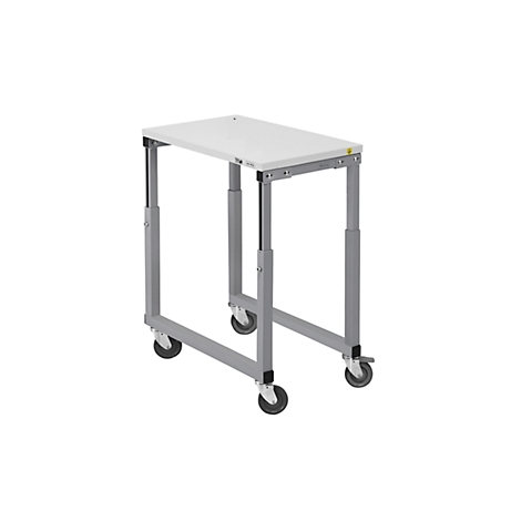 A white, rectangular table on wheels with adjustable height.