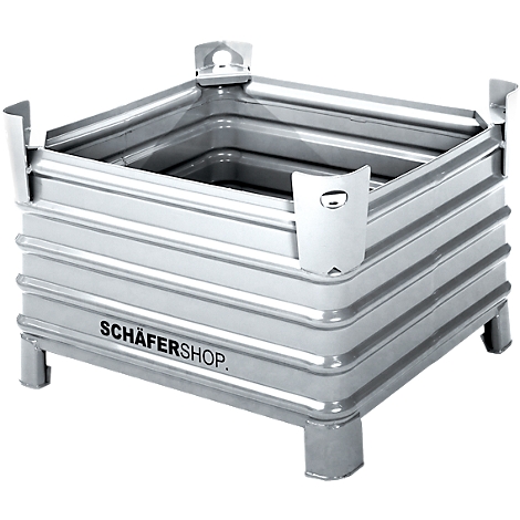 Quadratischer, metallischer Behälter mit geriffelten Seiten, Füßen und dem Schriftzug SCHÄFERSHOP.