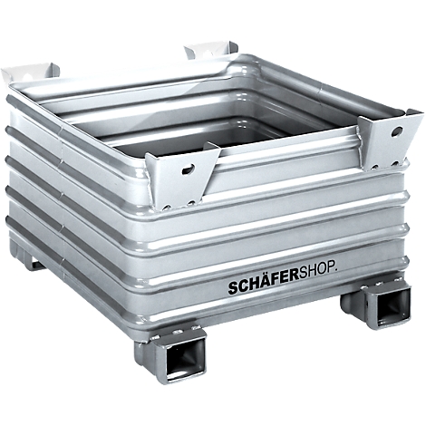 Silberne, quaderförmige Metallbox mit geriffelten Seiten, Tragegriffen und Schriftzug SCHÄFERSHOP.