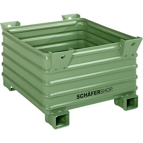 Grüne, quaderförmige Stapelbox mit Füßen und Verstrebungen, Aufschrift 'SCHÄFERSHOP'.