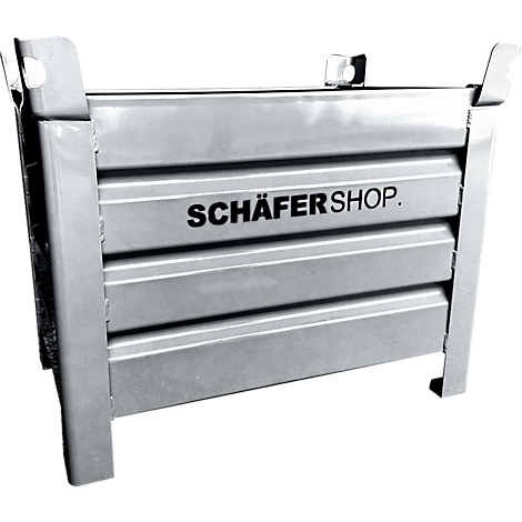 Grauer Metallbehälter, der das Label SCHÄFER SHOP trägt.