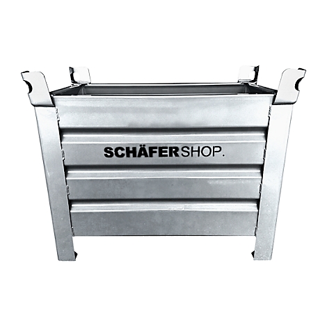 Metall-Behälter mit 'SCHÄFERSHOP'-Aufdruck, grau, leer, auf weißem Hintergrund.