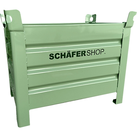 Hellgrüne Metallbox mit dem Schriftzug SCHÄFERSHOP. Die Box hat vertikale Rippen und seitliche Griffe.