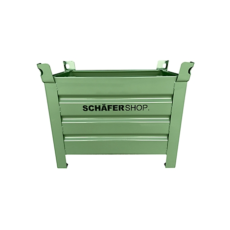 Grüne Metallkiste mit horizontalen Streben und Schriftzug "SCHÄFERSHOP.".