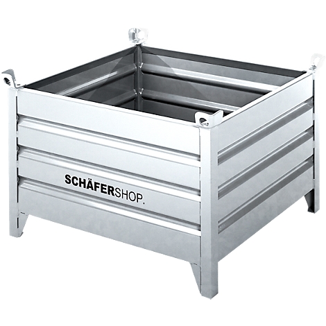 Quadratischer Metallbehälter mit geriffelten Seiten, Griffen und Logo. Steht auf kurzen Beinen.