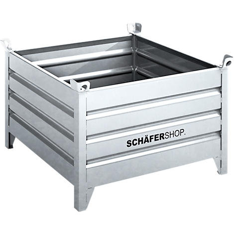 Quadratischer Metallbehälter mit Griffen und Logo.